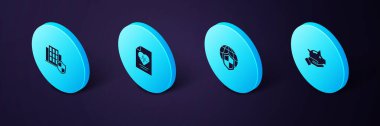 Isometric Piggy Bank 'ı, Shield' ı dünya küresi sağlık sigortasını ve House Shield ikonunu ayarla. Vektör.