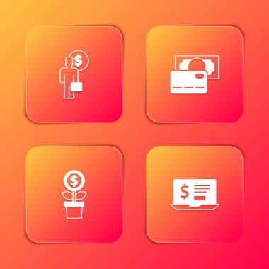 İş adamı planlama, kredi kartı, dolar fabrikası ve dolar ikonlu dizüstü bilgisayar. Vektör