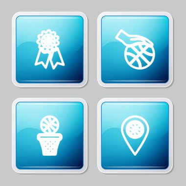 Set çizgisi basketbol ödülü, basketbolla el ve konum ikonu. Vektör.