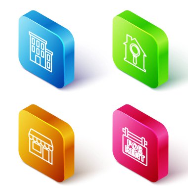 Isometric Line House, Search House, Market ve Asılma tabelasını Kiralık Simgesi ile ayarla. Vektör