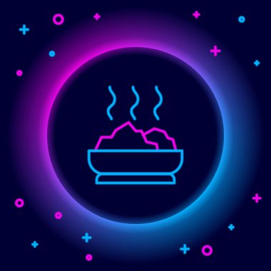 Siyah arka planda izole edilmiş parlak neon çizgisi sıcak çorba ikonu kasesi. Renkli taslak konsepti. Vektör