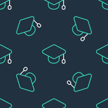 Çizgi mezuniyet simgesi siyah arkaplanda izole edilmiş kusursuz desen. Tassel ikonlu mezuniyet şapkası. Vektör