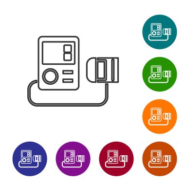 Beyaz arka planda siyah çizgi tansiyon ikonu izole edildi. Simgeleri renk daire düğmelerine ayarla. Vektör İllüstrasyonu.