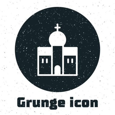 Grunge Church binası ikonu beyaz arka planda izole edilmiş. Hıristiyan Kilisesi. Kilisenin dini. Tek renkli klasik çizim. Vektör.