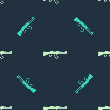 Yeşil ve bej renkli hafif makineli tüfek ikonu mavi arkaplandaki kusursuz deseni izole etti. Kalaşnikov veya AK47. Vektör