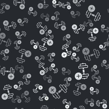 Grey Dumbbell icon isolated seamless pattern on black background. Muscle lifting, fitness barbell, sports equipment.  Vector