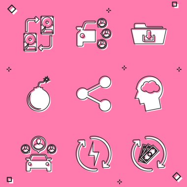 HD, Araba Paylaşımı, Dizin İndirme, Bomba Patlamaya Hazır, Paylaş ve Baş Bulut simgesi ile veri alışverişini ayarla. Vektör