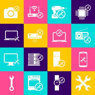 Çapraz anahtarlar, akıllı telefon servisi, radyo, matkap, klima, dizüstü bilgisayar, fotoğraf makinesi ve ikon. Vektör