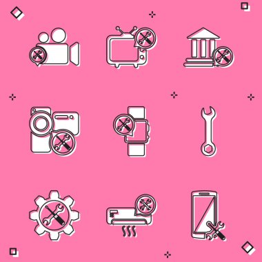 Video kamera servisi, TV, banka binası, Smartwatch, İngiliz anahtarı ve tornavida takımları ve klima ikonu ayarla. Vektör