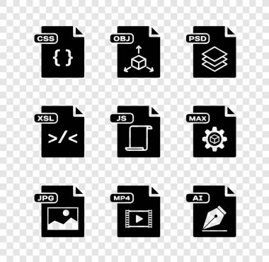 CSS dosya belgesini, OBJ, PSD, JPG, MP4, AI, XSL ve JS simgesini ayarla. Vektör
