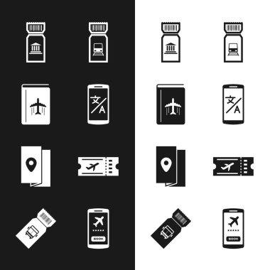 Çevrimiçi çevirmen, Kapak kitabı seyahat rehberi, Müze bileti, Tren, Havayolu, Mobil ve Otobüs simgesi. Vektör