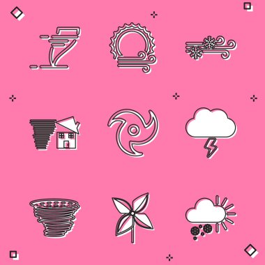 Tornado, Rüzgar ve Güneş, kar, girdap, Fırtına ve Fırıldak ikonu. Vektör