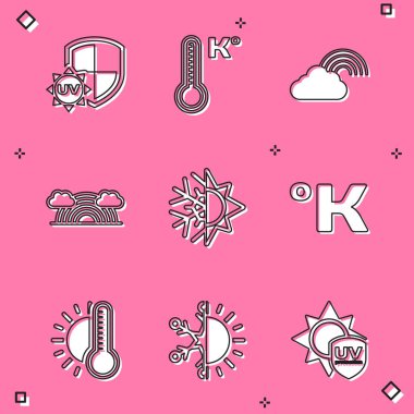 Ultraviyole ışını, Meteoroloji termometresini bulutlu, bulutlu, güneşli ve kar taneli gökkuşağını Kelvin 'i, termometre güneşini ve ikonu ayarla. Vektör