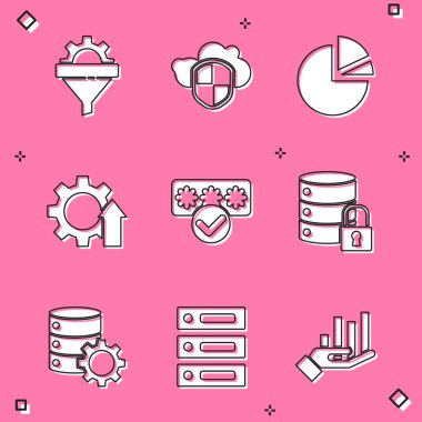 Satış hunisini teçhizat, bulut ve kalkan, pasta grafiği bilgisi, ok büyümesi, şifre koruması, sunucu güvenlik kilidi ve sunucu, Data, Web sunucu simgesi ile ayarla. Vektör