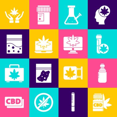 Tıbbi şişeyi marihuana, marihuana veya kenevir zeytinyağı, kimyasal test tüpü, sigara içmek için cam bong, dizüstü bilgisayar ve plastik poşet dolusu yaprak ve monitör ikonu ile ayarla. Vektör