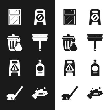 Camlar için lastik temizleyiciyi, çöp tenekesini ve çöp torbasını, temizlik servisini, ıslak zemin temizleme işlemini, el dezenfektanı şişesini, sabun ve fırça ikonuyla el yıkamayı ayarla. Vektör