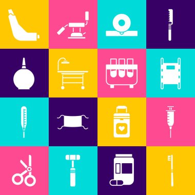Diş fırçasını, şırıngayı, Sedyeyi, Otolaryngological baş reflektörü, Ameliyat masasını, Enema 'yı, solunum cihazını, test tüpünü ve şişe ikonunu ayarla. Vektör