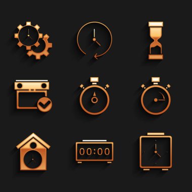 Kronometre, Dijital alarm saati, Alarm, Retro duvar, İşaretli Takvim, Eski Kum Saati ve Zaman Yönetimi simgesi. Vektör