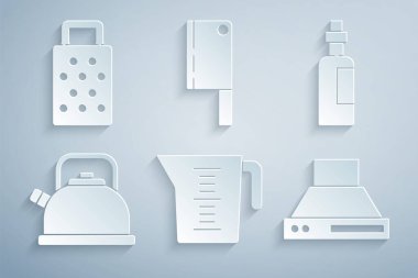 Ölçme kabı, bir şişe zeytinyağı, saplı kettle, mutfak vantilatörü, et helikopteri ve rende ikonu. Vektör