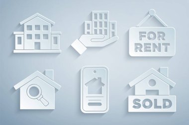 Çevrimiçi emlak evi, Kiralık, Arama, Mesaj Satıldı, Gökdelen ve Ev ikonu ile asılı. Vektör