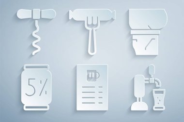 Bira menüsü, göbek, teneke bardak, çatalda sosis ve şarap tirbuşonu ikonu. Vektör