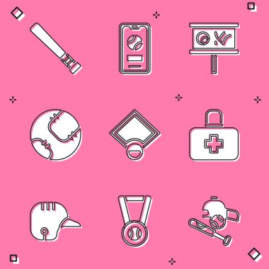 Beyzbol sopası, beyzbollu mobil, planlama stratejisi, saha, ilk yardım çantası, miğfer ve madalya ikonu. Vektör