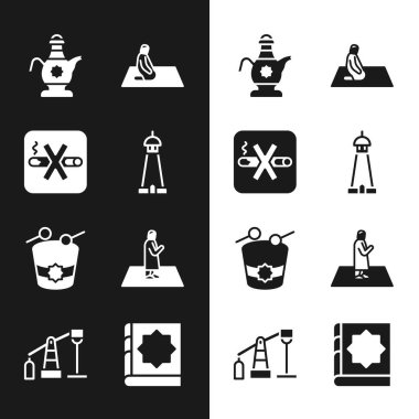 Cami kulesi ya da minare, Sigara içilmez, İslami çaydanlık, Müslüman adam duası, Ramazan davulu, Kuran ve petrol pompası kutsal kitabı kriko ikonu. Vektör