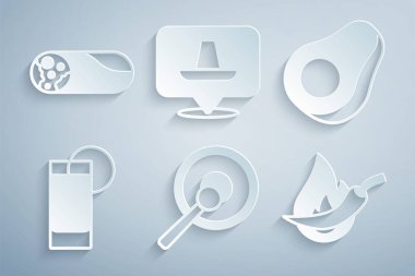 Set Gong, Avokado meyvesi, limonlu tekila bardağı, acı biber kabuğu, Meksika sombrero ve Burrito ikonu. Vektör