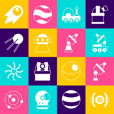 Kozmik gemi, uydu anteni, Mars gezgini, UFO uçan uzay gemisi kuyruklu yıldız hızla yere düşüyor ve ikon haline geliyor. Vektör