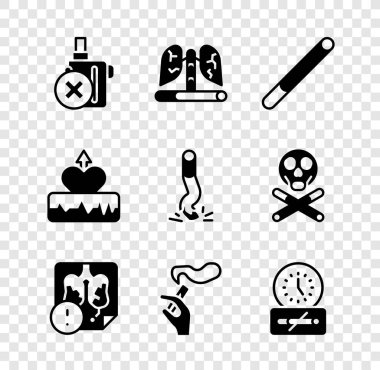 Set No electronic cigarette, Disease lungs, Cigarette, Hand with smoking, time, Heartbeat increase and butt icon. Vector