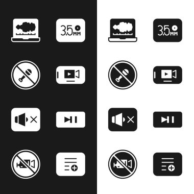 Çevrimiçi oynatma videosu, Dilsiz mikrofon, Ses veya Ses kaydedici, Ses Jack, Hoparlör sessiz, Duraklat düğmesi, Parça listesi ve Yasak ekle Kayıt simgesi yok. Vektör