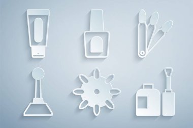 Sahte tırnaklar, manikür için değirmen makası, bir şişe cila ve tüp el kremi ikonu. Vektör