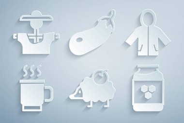 Kirpi, yağmurluk, çay, kavanoz balı, patlıcan ve korkuluk ikonu. Vektör