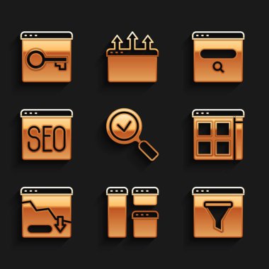 Büyüteci işaretli olarak ayarla, Tarayıcı penceresi, dosyalar, finansal büyüme azalması, SEO optimizasyonu, Arama motoru ve sitenizi HTTPS, SSL simgesi ile emniyete alın. Vektör