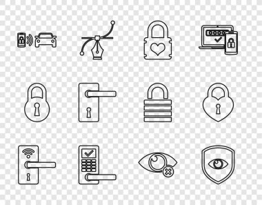 Dijital kapı kilidini kablosuz, kalkanlı ve gözlü, asma kilitli kalp, akıllı araba alarm sistemi, kapı kolu, görünmez deri ve ikon şeklindeki Castle ile ayarla. Vektör