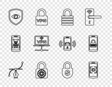 Bezier eğrisi, mobil ve göz taraması, Lock, Güvenli kilit tekerleği, Shield, VPN Bilgisayar ağı, Para ve şifre simgesi ayarlayın. Vektör