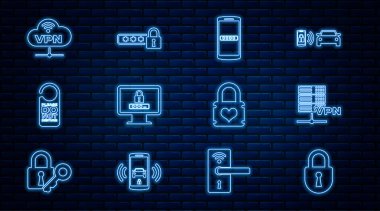 Satır Kilidi, Sunucu VPN, Mobil ve Parola, Monitör ile, Lütfen rahatsız etmeyin, Ağ Bulutu bağlantısı, Asma kilit kalbi ve Parola koruma simgesi ayarlayın. Vektör