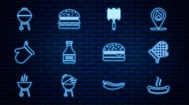 Hotdog sandviçi, fırın eldiveni, ızgara çelik ızgara, ketçap şişesi, ızgara, Burger ve ikon. Vektör