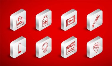 Set line Location with heart, Bottle pills for potency, Play Video 18 plus, Spanking paddle, Movie clapper Sex, Shopping bag triple X, Female gender symbol and Dildo vibrator icon. Vector