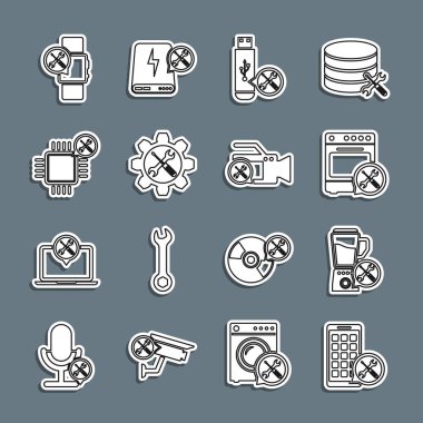 Satır Mobil Uygulamalar servisi, Blender, Oven, USB flash disk, İngiliz anahtarı ve tornavida vites, İşlemci, Smartwatch ve Video kamera simgesini ayarla. Vektör