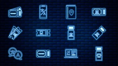 Otobüs bileti, Müze, Kapak kitabı seyahat rehberi, Bilet ve Çevrimiçi çeviri simgesi ayarla. Vektör