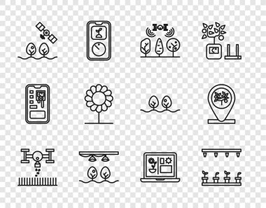 Akıllı çiftliği insansız hava aracı ile kurun otomatik sulama fıskiyeleri, ampul ve bitki, çiçek, tarım teknolojisi ve konum ağacı ikonu. Vektör