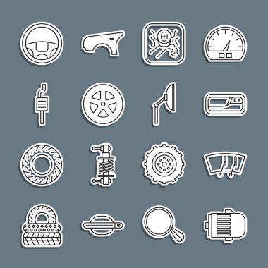 Elektrik motoru, cam sileceği, araba kapısı kolu, vites kolu, tekerlek, egzoz susturucu, direksiyon ve simge ayarlayın. Vektör