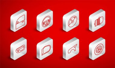 Hat tekerleği, direksiyon, hız göstergesi, elektrik motoru, çamurluk, kapı, ayna ve ikon. Vektör