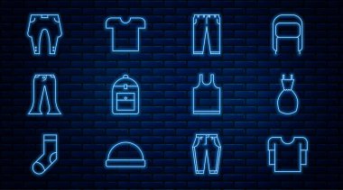 Çizgili uzun kollu gömlek, kadın elbisesi, pantolon, sırt çantası, kolsuz tişört ve ikon. Vektör