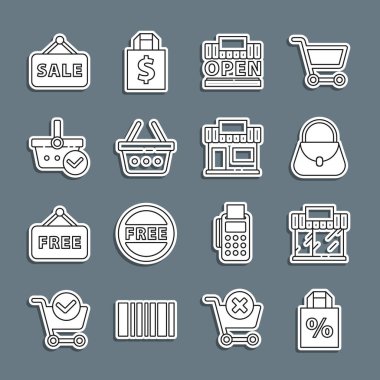 Yüzde indirimli Shoping çanta, alışveriş binası ya da market, el çantası, açık, sepet, çek, asma işareti ve simge. Vektör