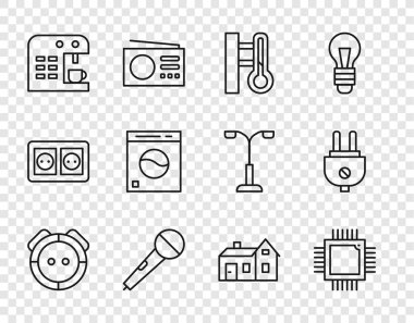 Robot elektrik süpürgesi, mikrodevreli işlemci, meteoroloji termometresi, mikrofon, kahve makinesi, çamaşır makinesi, House ve elektrik prizi ikonu. Vektör