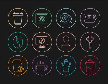 Fransız matbaası, kahve filtresi ve muhabbet yeri kahve çekirdeği, fasulye, paket kahve fincanı, karıştırma ve poşet ikonu. Vektör