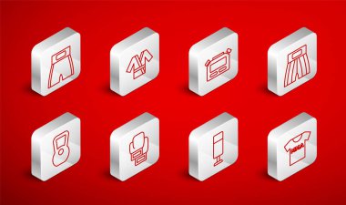 Dövüş kulübü MMA 'sı, Japon kostümlü Kimono, Stopwatch, boks şortu, kum torbası, eldiven ve Kettlebell ikonu. Vektör