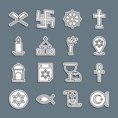 Yıldız ve Hilal Hattı, Haç Ankh, David, Dharma tekerleği, kilise binası, yanan mum, kutsal kitap Kuran ve Aspergillum ikonu. Vektör
